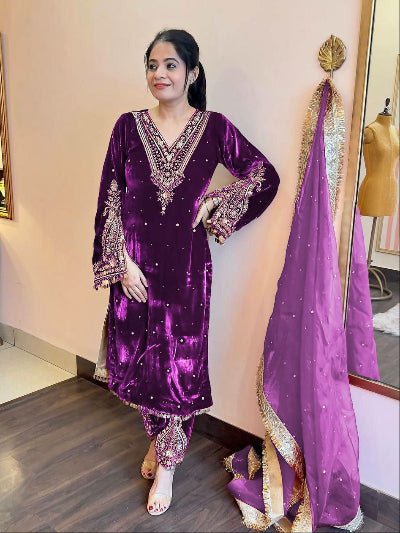 Purple Velvet Embroidery Moti Work Bell Sleeves Suit - BONYHUBSALWAR KAMEEZ