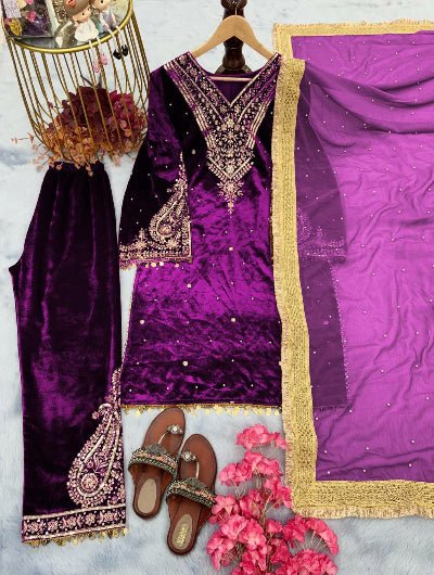 Purple Velvet Embroidery Moti Work Bell Sleeves Suit - BONYHUBSALWAR KAMEEZ