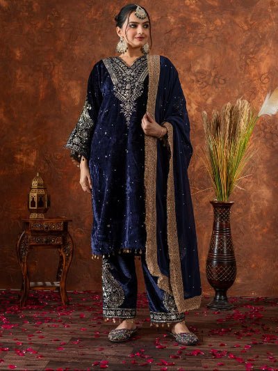 Navy Blue Velvet Embroidery Moti Work Bell Sleeves Suit - BONYHUBSALWAR KAMEEZ
