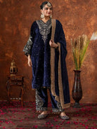 Navy Blue Velvet Embroidery Moti Work Bell Sleeves Suit - BONYHUBSALWAR KAMEEZ