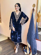 Navy Blue Velvet Embroidery Moti Work Bell Sleeves Suit - BONYHUBSALWAR KAMEEZ