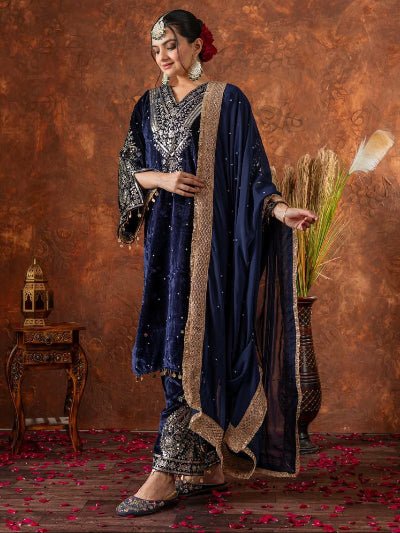 Navy Blue Velvet Embroidery Moti Work Bell Sleeves Suit - BONYHUBSALWAR KAMEEZ