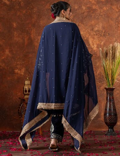 Navy Blue Velvet Embroidery Moti Work Bell Sleeves Suit - BONYHUBSALWAR KAMEEZ