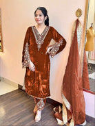 Rust Brown Velvet Embroidery Moti Work Bell Sleeves Suit - BONYHUBSALWAR KAMEEZ