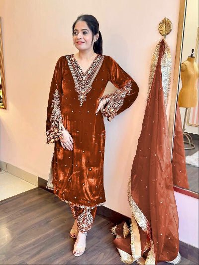Rust Brown Velvet Embroidery Moti Work Bell Sleeves Suit - BONYHUBSALWAR KAMEEZ