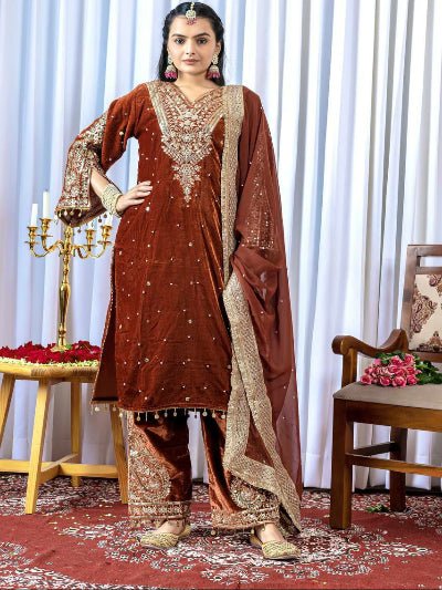 Rust Brown Velvet Embroidery Moti Work Bell Sleeves Suit - BONYHUBSALWAR KAMEEZ