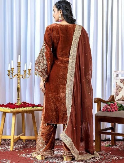 Rust Brown Velvet Embroidery Moti Work Bell Sleeves Suit - BONYHUBSALWAR KAMEEZ