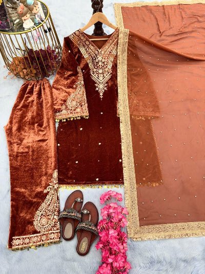 Rust Brown Velvet Embroidery Moti Work Bell Sleeves Suit - BONYHUBSALWAR KAMEEZ