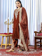 Rust Brown Velvet Embroidery Moti Work Bell Sleeves Suit - BONYHUBSALWAR KAMEEZ