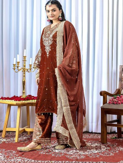 Rust Brown Velvet Embroidery Moti Work Bell Sleeves Suit - BONYHUBSALWAR KAMEEZ