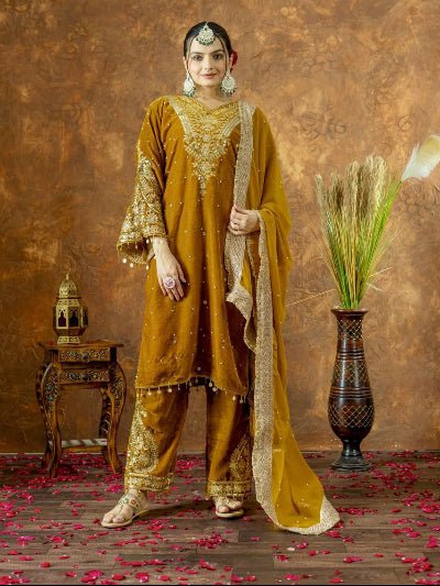 Honey Mustard Velvet Embroidery Moti Work Bell Sleeves Suit - BONYHUBSALWAR KAMEEZ