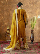 Honey Mustard Velvet Embroidery Moti Work Bell Sleeves Suit - BONYHUBSALWAR KAMEEZ
