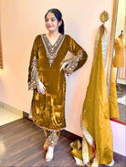 Honey Mustard Velvet Embroidery Moti Work Bell Sleeves Suit - BONYHUBSALWAR KAMEEZ