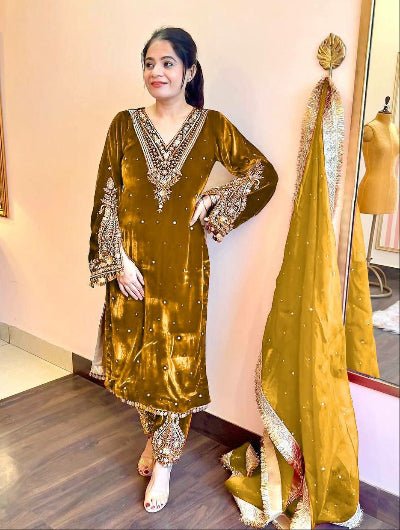 Honey Mustard Velvet Embroidery Moti Work Bell Sleeves Suit - BONYHUBSALWAR KAMEEZ