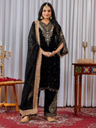 Black Velvet Rich Embroidery Moti Work Bell Sleeves Suit Set - BONYHUBSALWAR KAMEEZ
