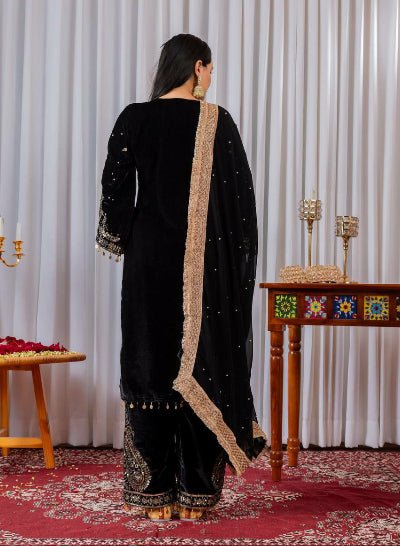 Black Velvet Rich Embroidery Moti Work Bell Sleeves Suit Set - BONYHUBSALWAR KAMEEZ