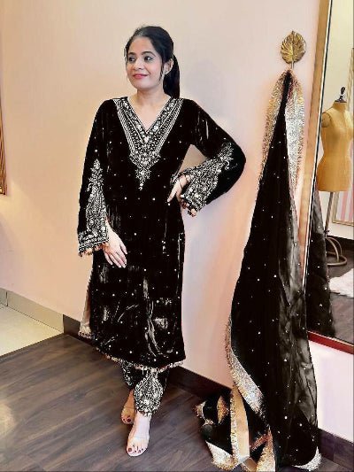 Black Velvet Rich Embroidery Moti Work Bell Sleeves Suit Set - BONYHUBSALWAR KAMEEZ