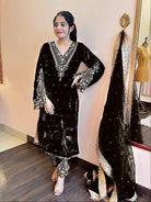 Black Velvet Rich Embroidery Moti Work Bell Sleeves Suit Set - BONYHUBSALWAR KAMEEZ