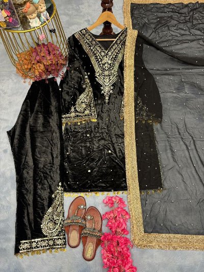 Black Velvet Rich Embroidery Moti Work Bell Sleeves Suit Set - BONYHUBSALWAR KAMEEZ
