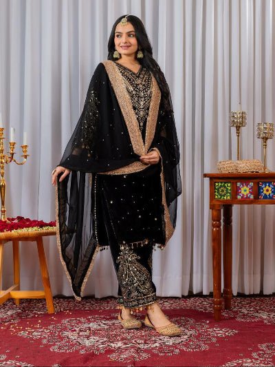 Black Velvet Rich Embroidery Moti Work Bell Sleeves Suit Set - BONYHUBSALWAR KAMEEZ