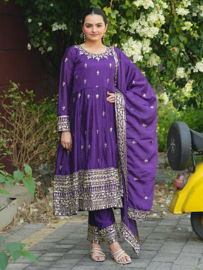 Orchid Purple Chinon Silk Embroidery Work Anarkali Suit - BONYHUBSALWAR KAMEEZ