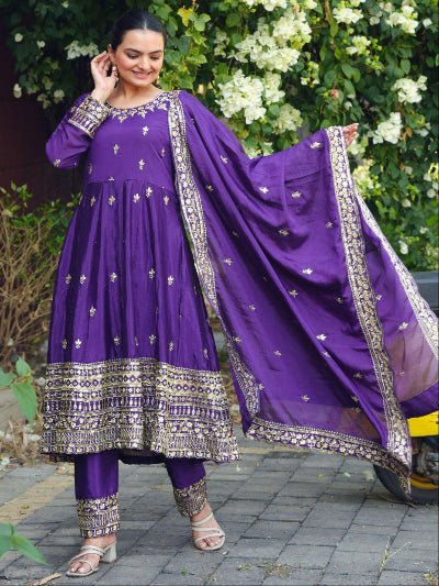 Orchid Purple Chinon Silk Embroidery Work Anarkali Suit - BONYHUBSALWAR KAMEEZ