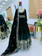 Emerald Green Velvet Sequin Embroidery Gown With Dupatta Set Of 2 - BONYHUBSALWAR KAMEEZ