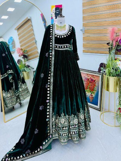 Emerald Green Velvet Sequin Embroidery Gown With Dupatta Set Of 2 - BONYHUBSALWAR KAMEEZ