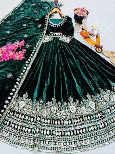 Emerald Green Velvet Sequin Embroidery Gown With Dupatta Set Of 2 - BONYHUBSALWAR KAMEEZ