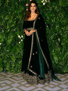 Emerald Green Velvet Sequin Embroidery Gown With Dupatta Set Of 2 - BONYHUBSALWAR KAMEEZ