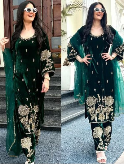 Deep Green Luxurious Velvet Embroidery Work Suit Set - BONYHUBSALWAR KAMEEZ