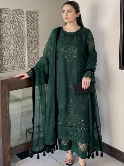 Designer Soft Organza Embroidered Sequin Straight Suit Set- 3 Colours