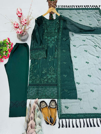 Designer Soft Organza Embroidered Sequin Straight Suit Set- 3 Colours