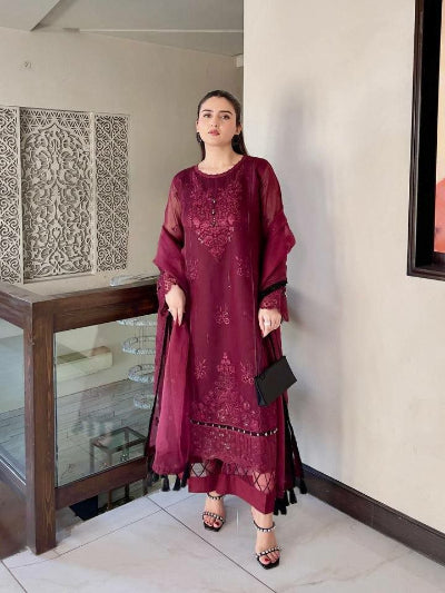 Designer Soft Organza Embroidered Sequin Straight Suit Set- 3 Colours