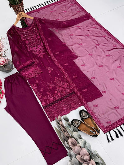 Designer Soft Organza Embroidered Sequin Straight Suit Set- 3 Colours