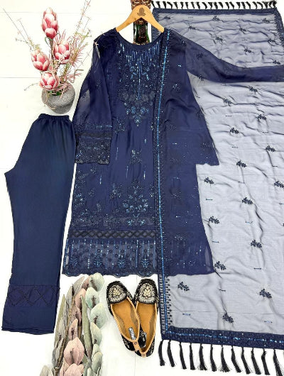Designer Soft Organza Embroidered Sequin Straight Suit Set- 3 Colours