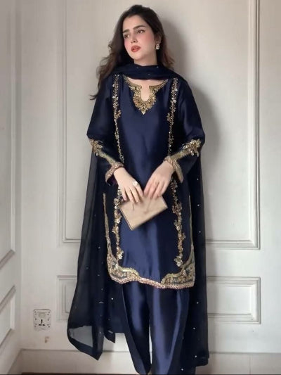Navy Blue Gold Moti Handwork Farshi Salwar Suit