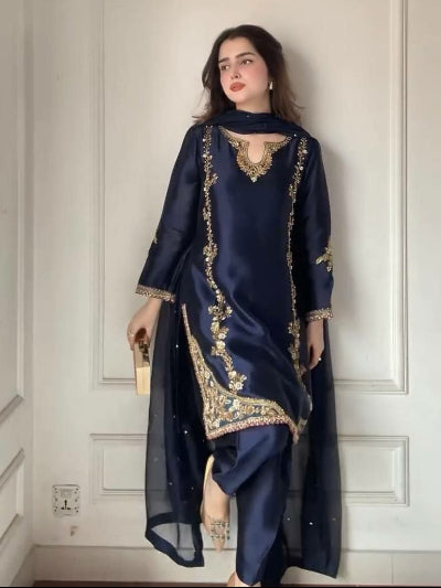 Navy Blue Gold Moti Handwork Farshi Salwar Suit