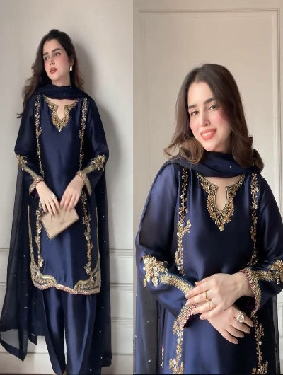 Navy Blue Gold Moti Handwork Farshi Salwar Suit