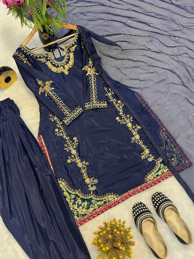 Navy Blue Gold Moti Handwork Farshi Salwar Suit