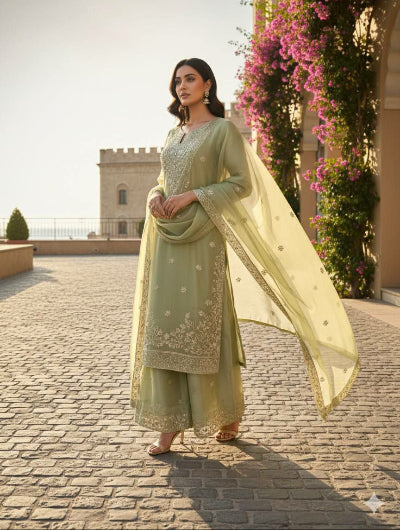 Pastel Pista Green Thread Embroidery Straight Suit