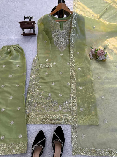 Pastel Pista Green Thread Embroidery Straight Suit