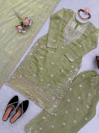 Pastel Pista Green Thread Embroidery Straight Suit