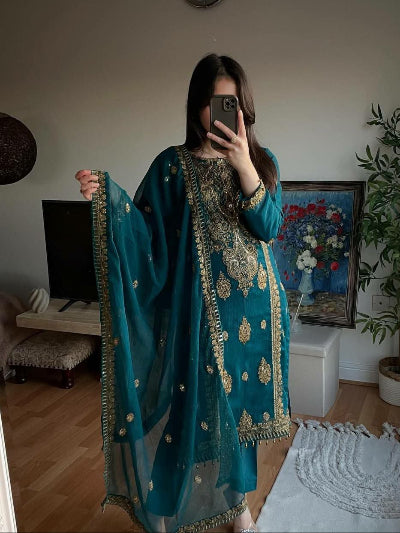 Peacock Blue Gold Sequins Embroidery Straight Suit