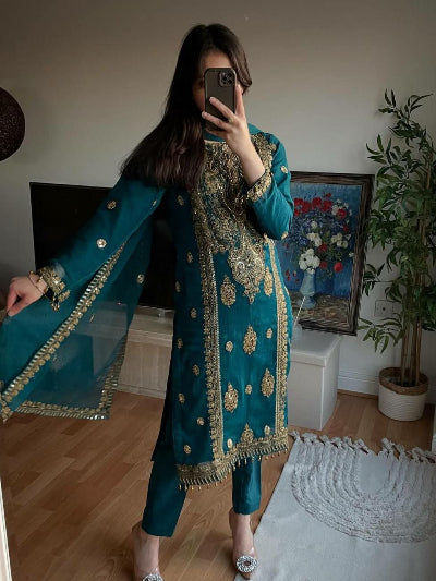 Peacock Blue Gold Sequins Embroidery Straight Suit