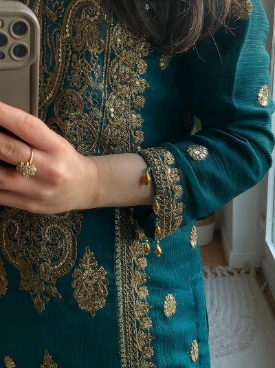 Peacock Blue Gold Sequins Embroidery Straight Suit