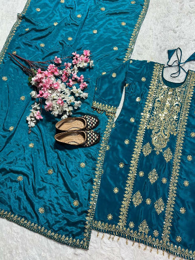 Peacock Blue Gold Sequins Embroidery Straight Suit