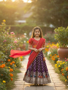 Purple & Red Kids Tissue Silk Thread Work Lehenga Choli Set - BONYHUBLehangas