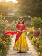 Yellow & Red Kids Tissue Silk Thread Work Lehenga Choli Set - BONYHUBLehangas