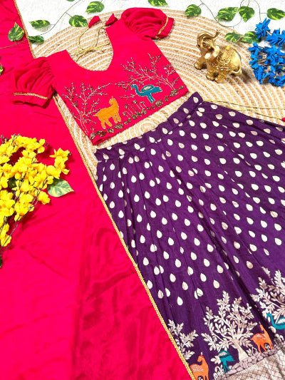 Purple & Red Kids Tissue Silk Thread Work Lehenga Choli Set - BONYHUBLehangas